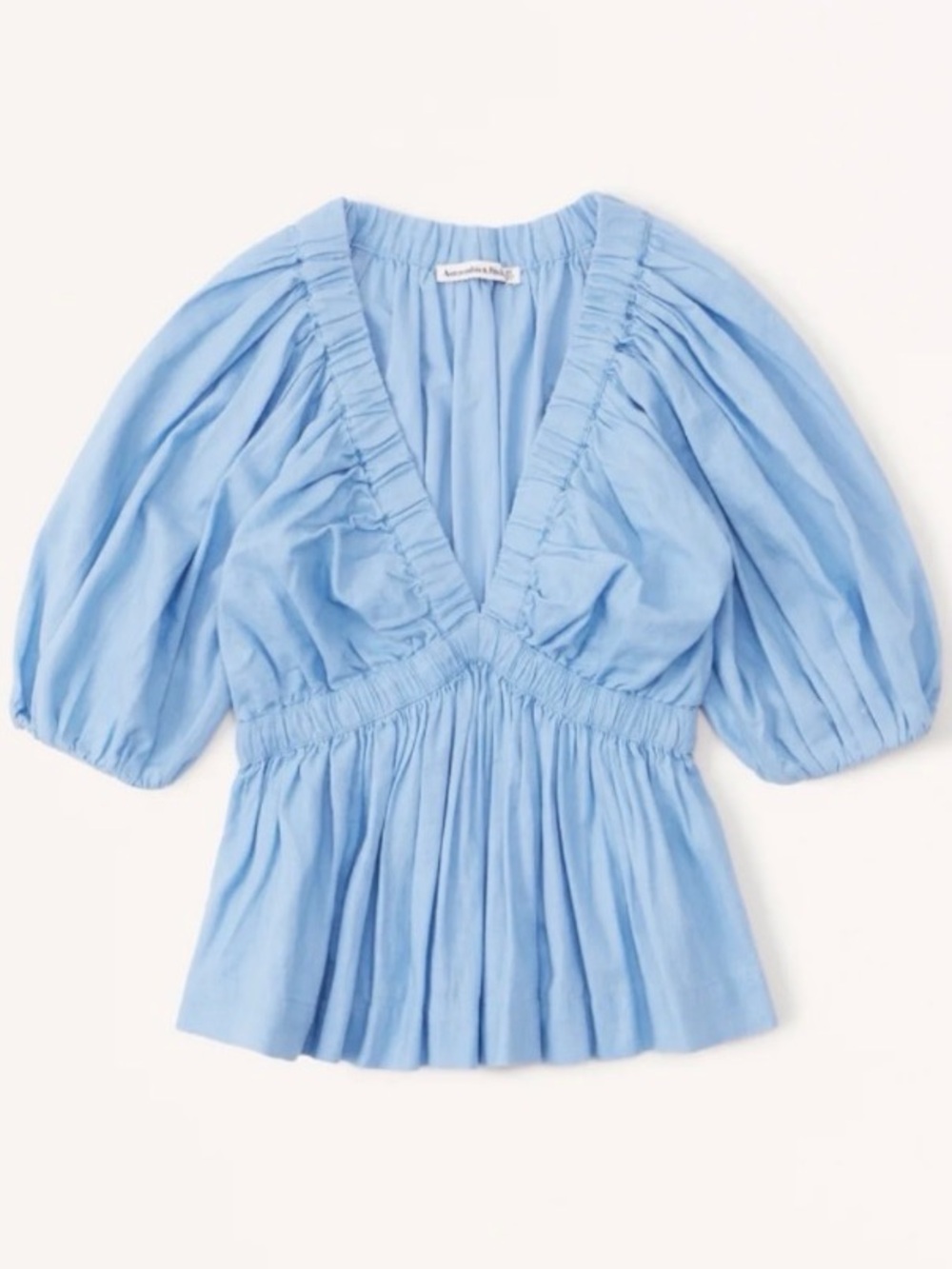 Abercrombie & Fitch Light Blue Puff-Sleeve V-Neck Linen Blend Top in Size S